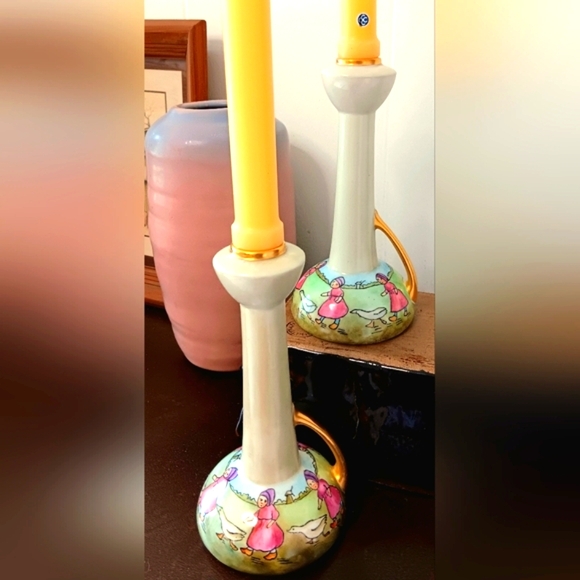 William Guerin Limoges Geese Dutch Girls Candlestick Holders Hand Painted - Picture 2 of 7